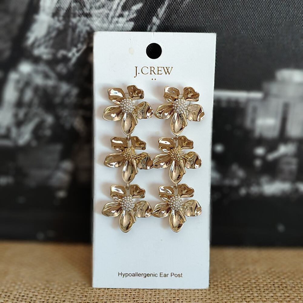 GORGEOUS J CREW THREE PAIR GOLDTONE FLOWER TRIO - NEW WITH TAG